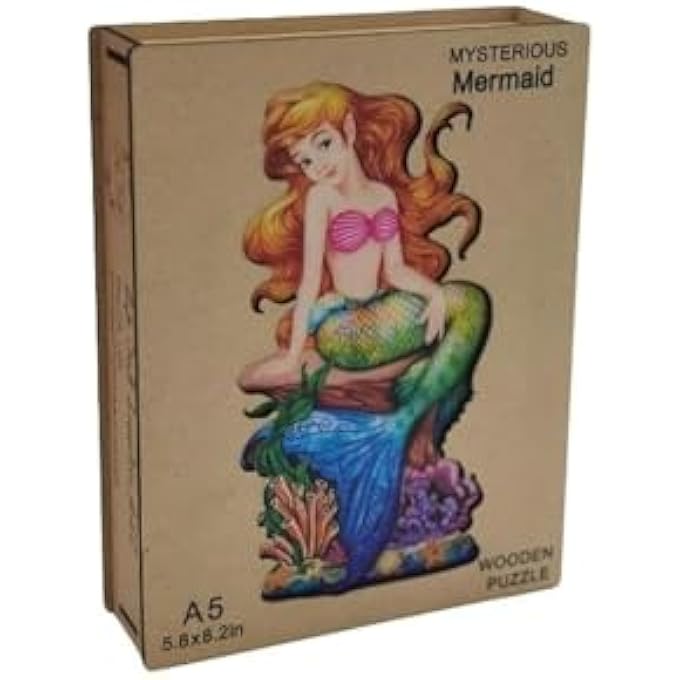WOODEN JIGSAW PUZZLES, 3D WOODEN ANIMALS SHAPED PUZZLES, BEST GIFT FOR ADULTS AND KIDS DIY PUZZLE PIECE, COLORFUL UNIQUE SHAPED MERMAID PUZZLES A5-5.8 X 8.2 IN - Image 1